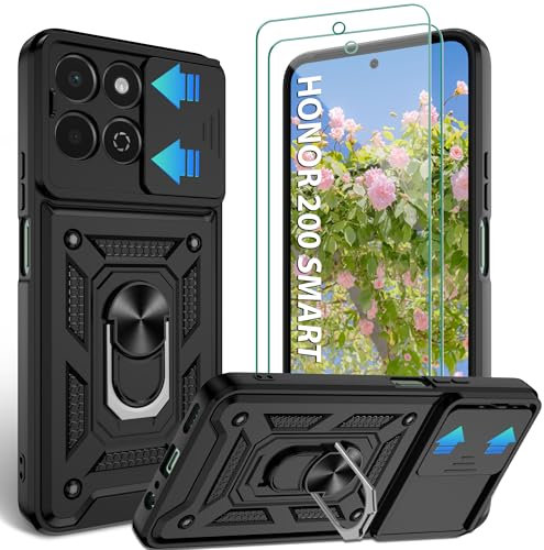Jshru for Honor 200 Smart Case with Screen Protector,Camera Protection Cover,Built-in Ring Kickstand Military Grade Shockproof Case for Honor 200 Smart,Black