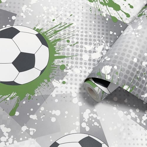 Grey Football Frenzy Wallpaper Green Boys Kids Bedroom Playroom Feature Wall Children