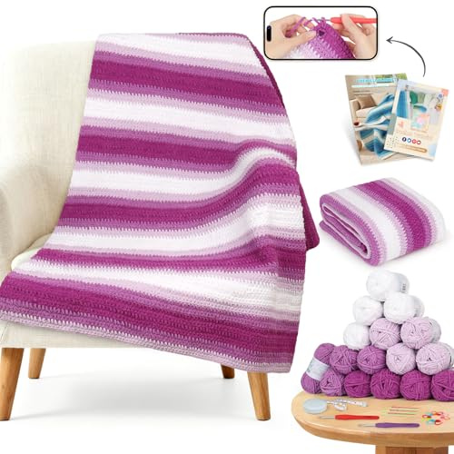 Reessy Kit all'uncinetto per principianti e adulti, kit all'uncinetto con video tutorial passo-passo, filato di ciniglia morbida e accessori all'uncinetto, kit per coperte all'uncinetto per