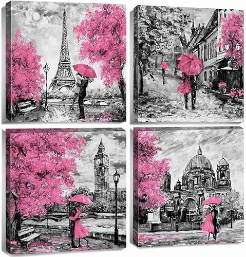 AREBOLO 4 piezas Arte mural rosa cuadros para dormitorios decoración de paredes pinturas murales abstractas en acuarela decoraciones salón paisaje urbano de parís láminas impresas en lienzo 12x12”