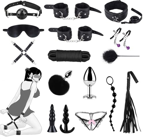 Sexytoysys Coppia Hard 17Pezzi Toys Sessuali per Coppia con Manette Regolabili,Cavigliere,Frusta,Maschera per gli Occhi,Bacchetta di Piume,Vibratore Giocattolo Sessuale per Coppie Uomini Donne