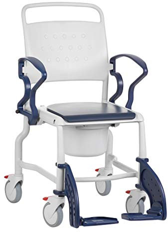 FabaCare Toilettenrollstuhl Hamburg, höhenverstellbar, made in Germany, Premium Toilettenstuhl, WC Rollstuhl, fahrbar, mit Eimer, bis 130 kg, Grau-Blau