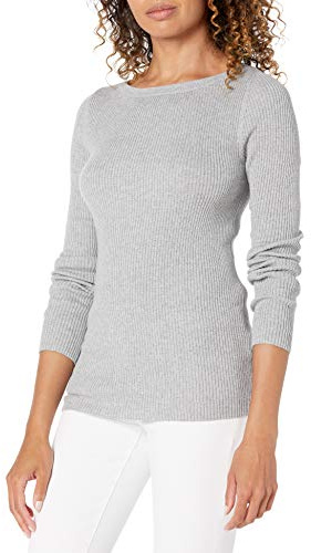 Amazon Essentials Jersey Ligero de Canalé con Manga Larga y Escote Barco Mujer, Gris Claro Mezcla, S