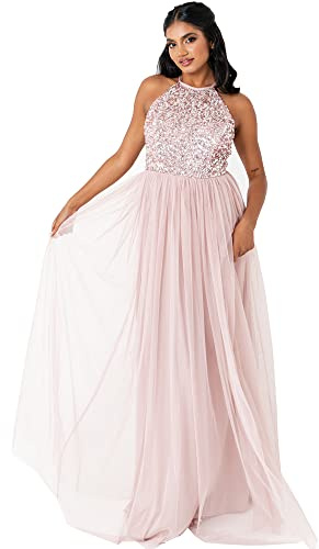 Maya Deluxe Damen Maya Deluxe Navy Embellished Halter Neck Maxi Bridesmaid Dress, Frosted Pink, 44 EU (Herstellergröße: 16)