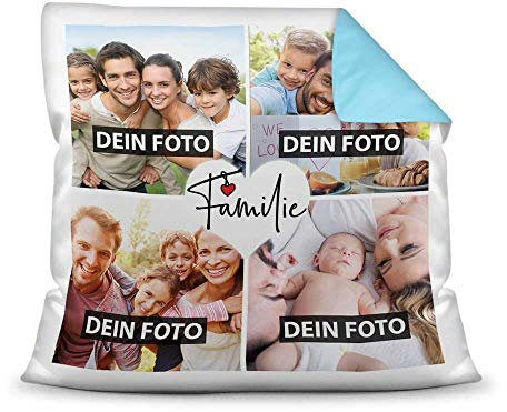 PR Print Royal Kissen mit Füllung - Fotocollage selbst gestalten mit Spruch - Familie - mit Vier eigenen Fotos - Geschenkidee Fotokissen - Farbkissen Rückseite Hellblau