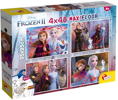 LISCIANI - PUZZLE DISNEY 2 en 1 - La Reine des Neiges - 48 Pièces - 4 Puzzles Frozen Pour Enfants dès 4 ans - 35x25cm - Double Face - Verso à Colorier avec Feutres Inclus