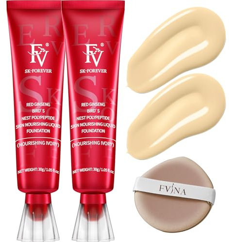 FV 2PCS Liquid Foundation Lightweight Medium Coverage Oil Control Concealer Waterproof Cream Hydrating Foundation for Flawless Makeup for Dry and Combination Skin (Nourishing Ivory)
