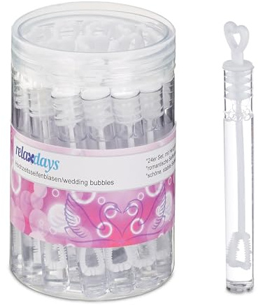 Relaxdays Pomperos Boda, Set de 24, Tubitos para Burbujas Jabón con Asa en Forma de Corazón, Regalo Invitados, Blanco
