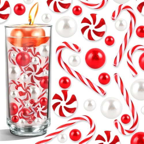 EKKONG Perlas de Relleno de Jarrón de Navidad, 106 Perlas de Caramelo Flotantes para Relleno de Jarrón de Caramelo Perlas de Agua para Jarrones Decoración de Fiesta de Navidad (Rojo-Blanco)