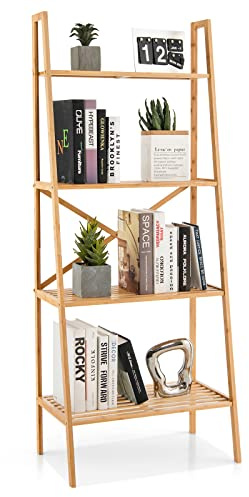 COSTWAY 4-Tier Ladder Bookshelf, Bamboo Storage Shelving Unit Bookcase Stand with Anti-Tipping Kits, Freestanding Wooden Display Rack Shelf for Living Room Office (Natural)