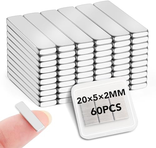 LOVIMAG Imanes de barra de neodimio, 20 x 5 x 2 mm, 60 imanes pequeños y fuertes de tierras raras, barra magnética rectangular fuerte, mini imanes potentes para manualidades, nevera, ciencia, oficina