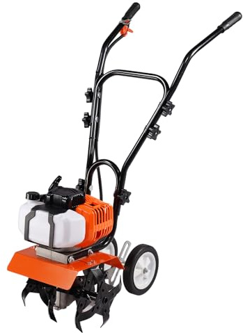 VEVOR Tiller Cultivator Gas Powered, 43CC 2-Stroke Garden Cultivator, Tiller with 4 Steel Adjustable Front Tines for Lawn, Garden and Field Soil Cultivation