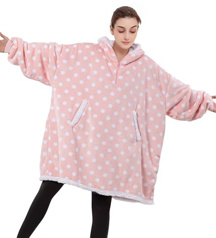 HBlife Oversized Wearable Blanket Hoodie for Adults, Thick Sherpa Fleece Sweatshirt with Elastic Sleeves & Giant Pockets, Cozy Plush Fleece Jacket, Warm Blanket for Winter, Pink Wave
