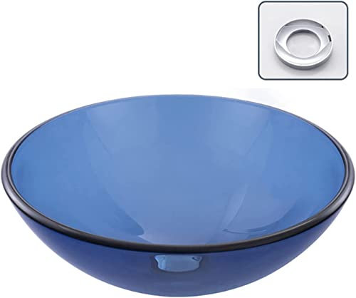 IBOWZ Ceramic Bathroom Sink Countertop Bathroom Basin In Blue Tempered Glass, Art Vessel Sink Minimalist Style, Freestanding Washbasin With Mounting Ring, For Lavatory Vanity Cabinet