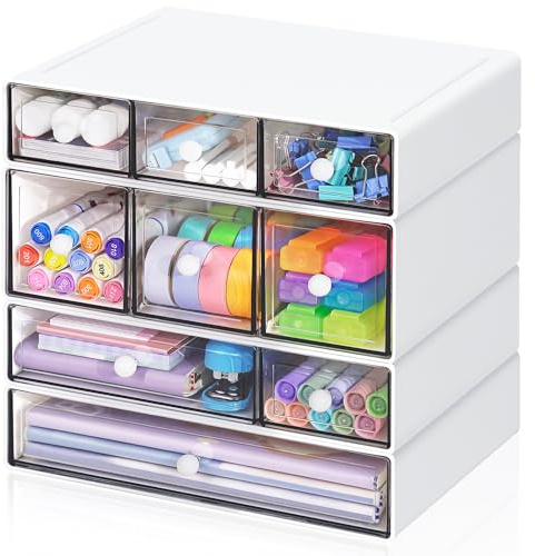 Desk Aufbewahrungsbox mit 9 Schubladen, ToyaJeco 4 Lagen Stapelbare Desktop Craft Storage-Schubladen, Klare Aufbewahrungsbox Caddy für Schreibwaren Make-up Schmuck Büro Craft Supplies (Weiß)