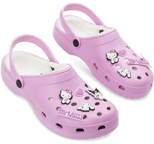 Hello Kitty Clogs Womens Teens Winter Fleece Lining & Removable Charms - Warm Slip On Garden Shoes with Strap (Pink, 6-7 UK)
