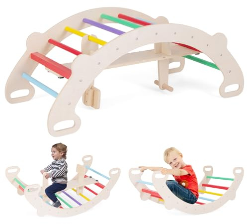RELAX4LIFE 4 in 1 Arco da Arrampicata per Bambini, Cavallo a Dondolo in Legno, Triangolo Arcobaleno Transformabile in Tavolo, Giocattoli da Palestra Montessori per Bambini 1+ Anni (Colorato)