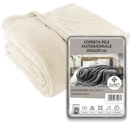 SONIT - Plaid Matrimoniale in Pile - Coperta in Pile Autunnale e Invernale - Coperta Matrimoniale 200x230 cm - Plaid Divano e Letto Panna