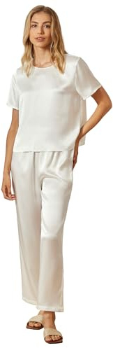 Mommesilk Seidenpyjama für Damen Pullover Oberteil und Hose 2-teiliges Seiden-Pyjama-Set waschbare Seiden-Nachtwäsche Loungewear Weiß Größe S