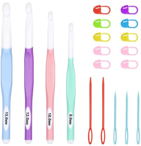 Crochet 4 Pièces Crochet Hook, Crochet 8mm 10mm 12mm 15mm Grand Ensemble de Crochets à Crochet avec Boucle de Marquage et Point de Chandail, Ensemble de Crochets en Plastique ABS pour Pulls Tricotés