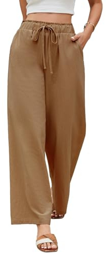 UMIPUBO Pantalon Femme Été Coton Pantalons Fluide Légers Taille Élastique Wide Leg Pants avec Poche Cordon de Serrage Décontractés Casual Jogging Plage
