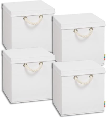 Storanda | 4er Set Aufbewahrungsbox mit Deckel | Kordel Griffband | Stabile & Faltbare Boxen | Regalboxen für Würfelregal Kallax | Ideal für Zuhause & Kinderzimmer | 31x31x30 cm | Weiß