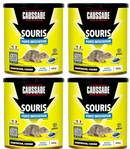 Caussade Anti-Souris - Forte Infestation - Lieux Secs & Humides - 40 Sachets Pâtes - Prêt à l'emploi - Une Ingestion Suffit - Fabriqué en France - 4x100g - CASAPT10NX4