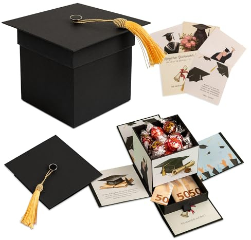 Explosionsbox – Abschluss Geschenk, Geschenkbox Abitur, Abi Bachelor Master Uni Schulabschluss Geschenke, Überraschungsbox, Doktorhut, Graduiertenhut, Geldgeschenk, Graduation Deko, Suprise Box