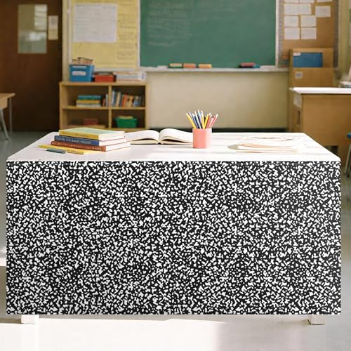 9FT Black and White Composition Table Skirt Teacher Desk Skirts for Classroom Decorations Rectangle Tablecover Skirt for Back to School Party Supplies Kindergarten Preschool Office Bookcase Cabinet