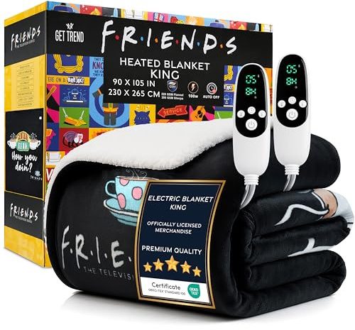Get Trend FRIENDS Elektrisk King Size Filt, 230 x 265 cm, mjuk pläd i fleece, 9 värmeinställningar och 12-timmars automatisk avstängning (svarta vänner, King EU)