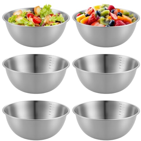 Uppsättning av 6 skålar i rostfritt stål, 2 100 ml salladsskål i rostfritt stål, diameter 22,5 cm, salladsskål, skål i rostfritt stål, stapelbar tallrik i rostfritt stål, kryddsömmskålar för kök