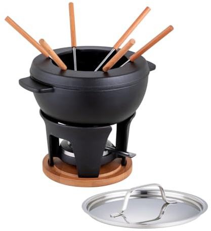 Kuhn Rikon Cheese & Meat Fondue Set Glacier Cast Iron 2.0L 25cm, Induction Fondue Pot Set for 4-6, Hot Pot, Rechaud, Burner, 6 Forks, Splash Guard, Wooden Base