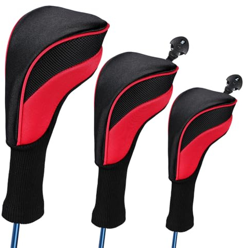 AMSLSIU 3 Piezas de Cubierta de Palo Golf, Etiqueta número Putter, Cubiertas Cabeza Cuello Largo, Protector Viaje portátil, Manga protección Golf, Rojo