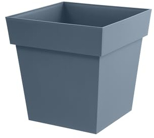 EDA - Pot de Fleur Carré Toscane 32 cm - 22 L - Intérieur & Extérieur - Zone de rétention d'eau pour Limiter l'Arrosage - Plastique Recyclé - 32 x 32 x H. 32 cm - Bleu Jean