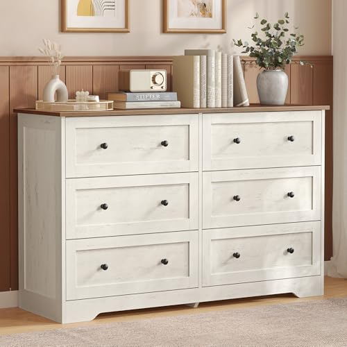 VASAGLE SIREN Collezione - Cassettiera, Mobile Contenitore con Cassetti, Stile Rustico, Organizzatore Versatile, 6 Cassetti, 40 x 120 x 78 cm, Bianco Vintage e Marrone Miele LTS663WJ01