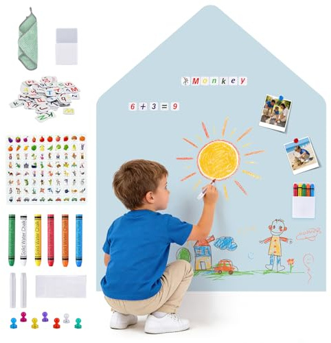 HIUYRFS Pizarra magnética infantil autoadhesiva, pizarra de pared en forma de arco con colores pastel y tizas, pared magnética para niñas y niños (azul + letras)