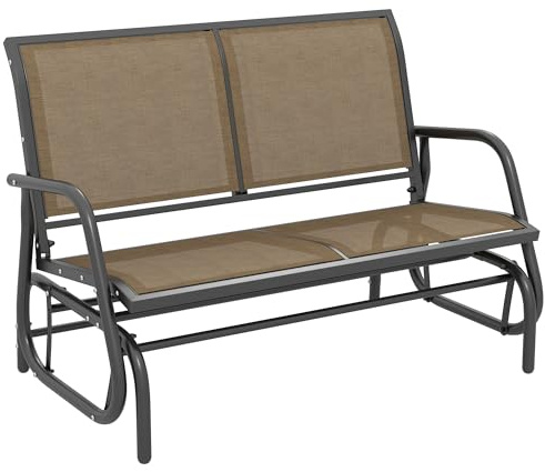 Outsunny Banc à bascule de jardin 2 places, banc de jardin en métal et tissu respirant pour balcon, patio, terrasse, 120 x 70 x 85 cm, marron clair