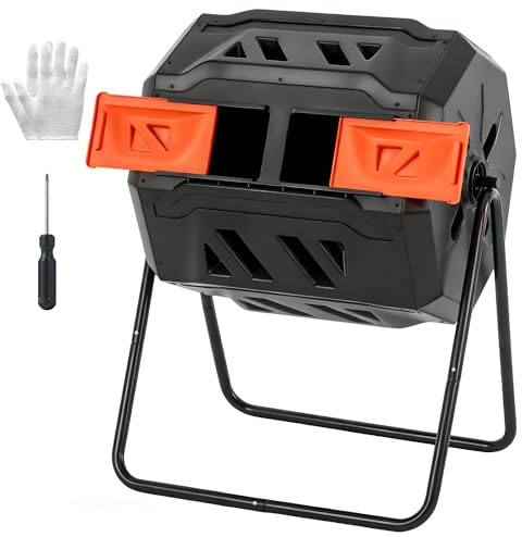 OLIXIS Compost Bin Outdoor 43 Gallon, Dual Chamber Composter Tumbler Outdoor with Gloves, Efficient 360°Rotating Composting Bin for Patio, Lawn, Home Gardening and Landscape, Black/Orange