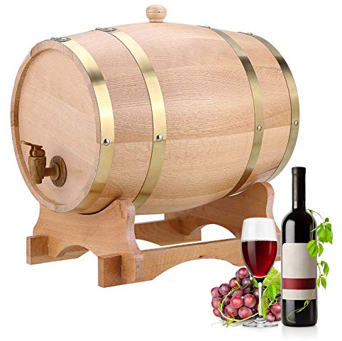 Botte di Vino in Rovere, 10 L, Dispenser per Vino a Tenuta Stagna con Supporto in Legno e Rubinetto, per Whisky, Bourbon, Tequila, Vino, Aceto, Birra