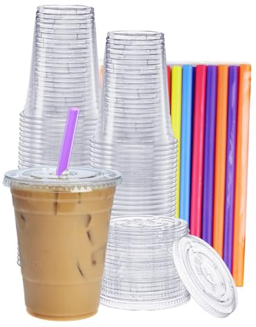 GUSTO [16 oz. - 100 Count Clear Cups with Flat Lids & Straws - Disposable Clear Drinking Cups for Iced Coffee, Cold Drinks, Milkshakes, and Smoothies - Formerly Comfy Package