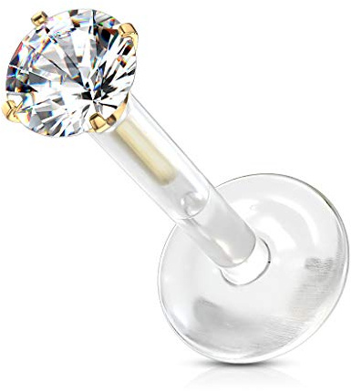 Tata Gisèle Piercing Labret Monroe en Acier Chirurgical 316L, Bio Flex et Oxyde de Zirconium - Zircon Rond Serti sur Tige d'acier à Pousser sur Une Base Bio Flex - (Transparent/Or Doré, 8)