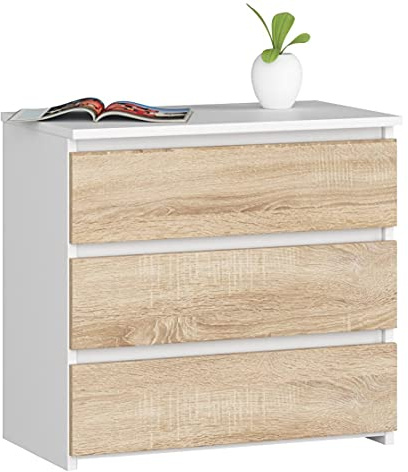 AKORD Kommode CL-3 mit 3 Schubladen | für das Wohnzimmer Schlafzimmer Schrank Büro Arbeitszimmer | Modernes Funktionales Design | B60 x H57 x T35 cm, Gewicht 26 kg | Weiß/Sonoma-Eiche