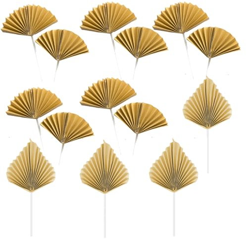 14 Pièces Forme Feuille de Palmier Or en Papier Gâteau Topper, Décorations de Gâteau en Forme d'Éventail en Feuille de Papier, pour Anniversaire, Mariage, Décorations de Fête