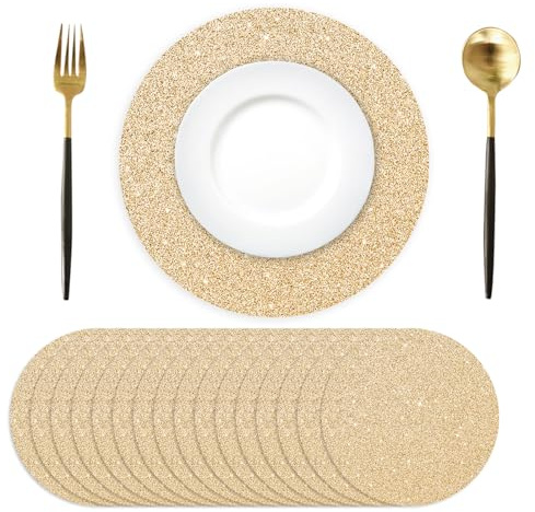 50PCS Light Gold Paper Placemats Disposable 13.4 Inch Shiny Golden Place Mats Round Decorative Glitter Table Mats for Birthday Wedding Holiday Party Decor Sparkle Dining Tableware
