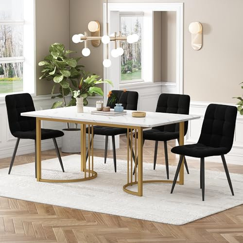 Lyxigt 5-pack Matgrupp: Matbord i marmor design (140 x 80 cm) med 4 sammetstolar – modernt köksset, MDF-bordsskiva, gyllene metallben, svart-vit elegans
