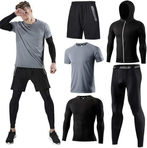 Holure herr sport löpningsset (paket med 4 eller 5) atletisk skjorta + kort/kompression tröja + byxor med kappa träningsoverall gym kostymer, 5-pack: grå, M