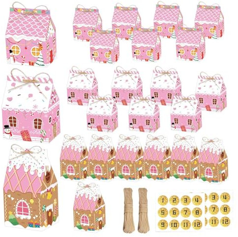 Scatole per calendari 'Avvento a forma di casa di pan di, 24 scatole, scatole di Natale di pan di rosa, scatole di carta per dolci e biscotti