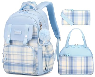 Amythe Girls Backpack with Lunch Box 3Pcs, Waterproof School Bag Set for Teen Elementary Middle School, Multi-Pocket Laptop Bookbag Lightweight, Blue