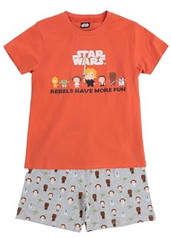 Star Wars Pijama Niño Manga Corta Pixel Wars en Algodón, Cuello Redondo y Camiseta con Relieve, Pantalón Corto Estampado con Cinturilla Ajustable y Bolsillo Trasero Color Naranja Talla 14