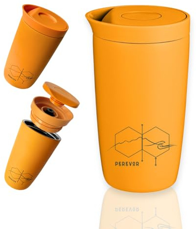 Perevor 360ml Coffee Flask – Insulated Travel Mug for Hot Drinks, Leakproof Reusable Cup, Sunset Gold One-Click Lid Stainless Steel Insulated Tumbler for Camping